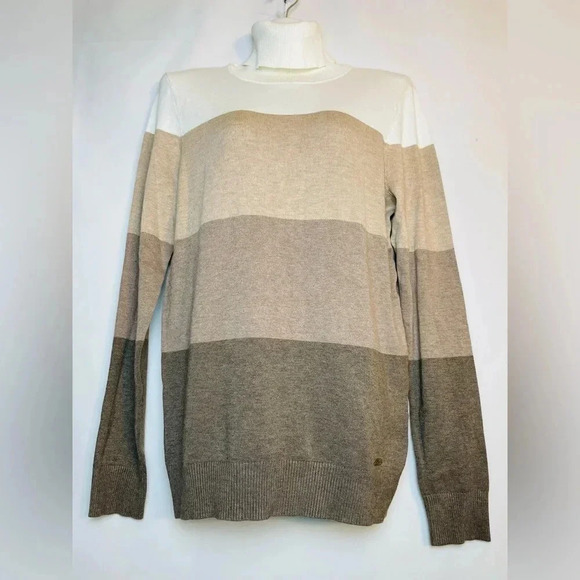 Calvin Klein Ivory taupe tan striped Colorblock Soft turtleneck sweater - Picture 1 of 6